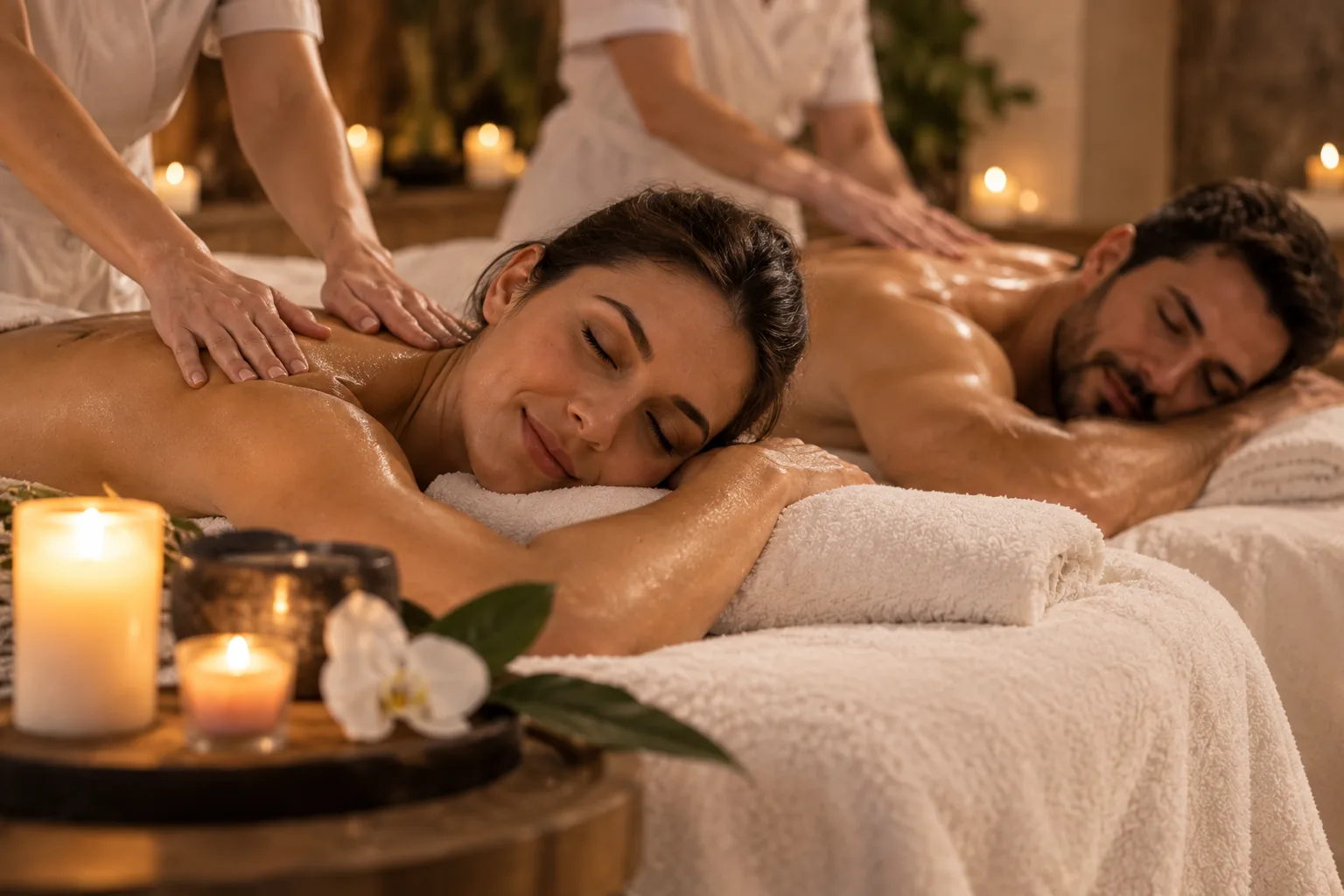 Pareja formada por una mujer y un hombre recibiendo tratamientos simultáneos en un ambiente spa cálido en Harmony