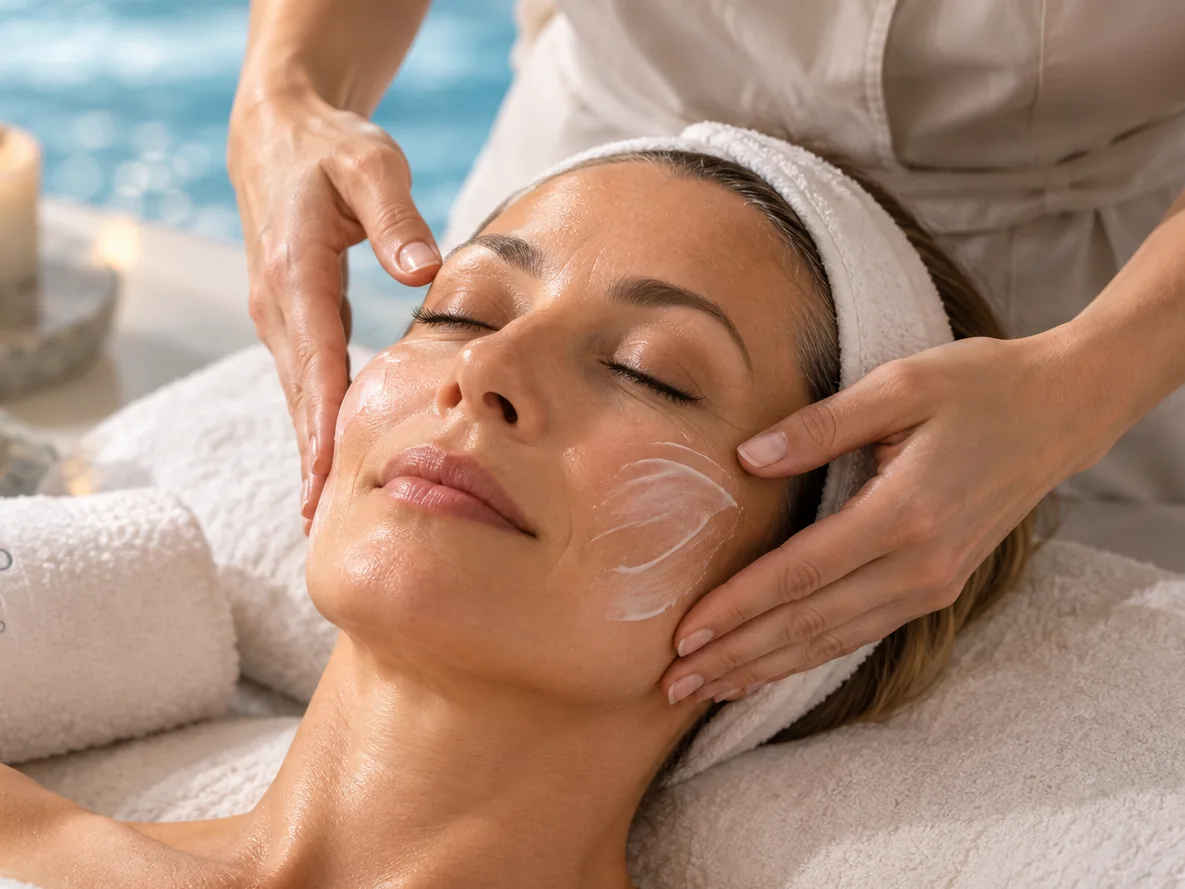 Mujer adulta recibiendo un tratamiento facial Anti-Edad Marine con masaje y cosmética marina en Harmony