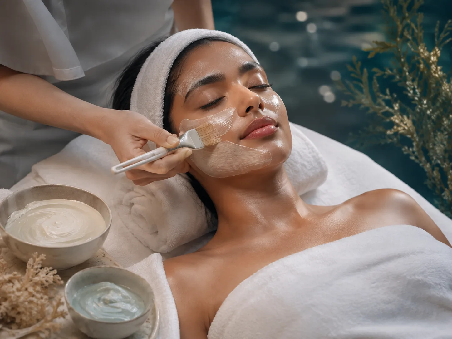 Mujer recibiendo el tratamiento facial Express Glow Care con aplicación de mascarilla iluminadora en Harmony