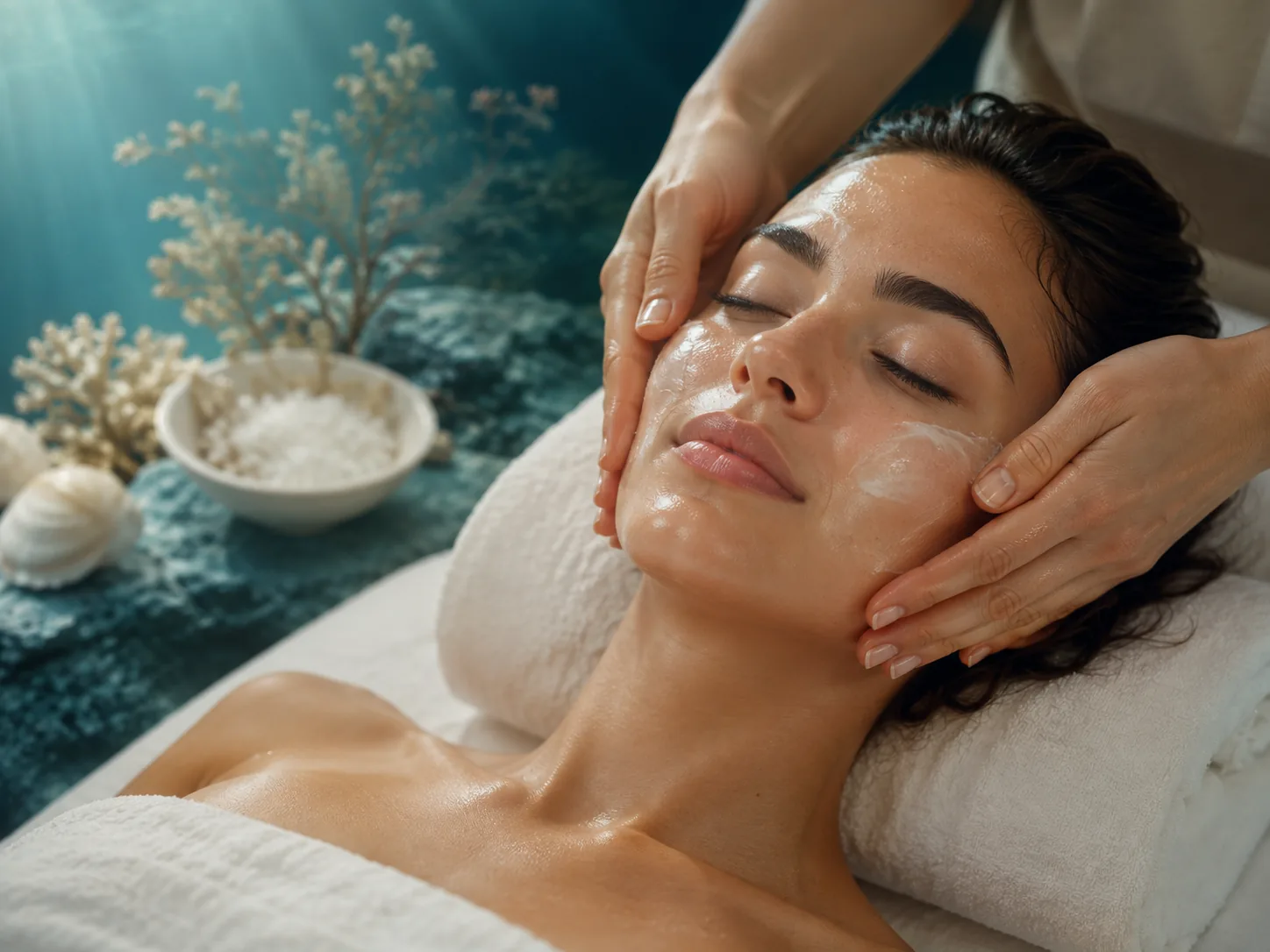 Tratamiento facial Hydra Marine en Harmony, mujer recibiendo hidratación facial con cosmética marina