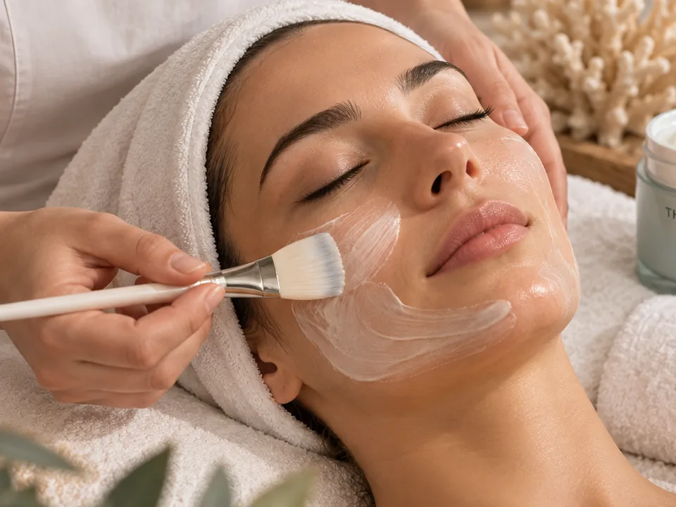 Mujer recibiendo un tratamiento facial Nutri Marine con aplicación de crema nutritiva en Harmony