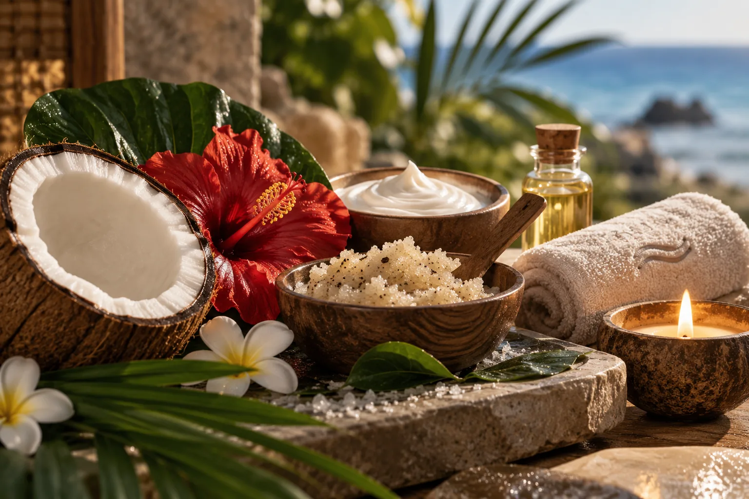 Bodegón del ritual Sueño de Bali con coco, hibisco y textura exfoliante en un ambiente tropical de spa