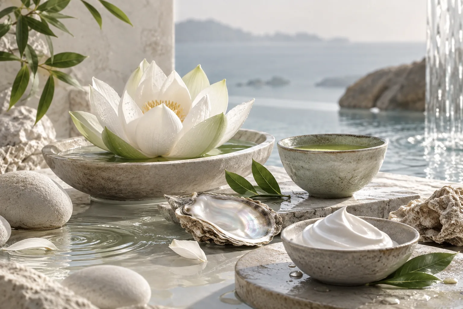 Bodegón del ritual Sueño de Okinawa con loto blanco, té verde, ostra y mousse corporal en un ambiente sereno junto al agua