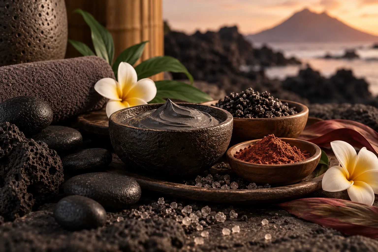 Bodegón del ritual Sueño Volcánico con piedra volcánica, mascarilla mineral, sales y flores en un ambiente spa cálido